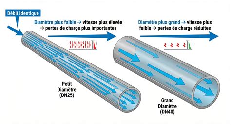 Graphique illustrant la relation entre longueur de tuyau, diamètre et perte de charge