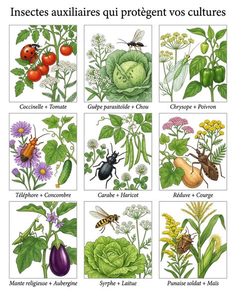 Schéma des auxiliaires de jardin : coccinelle, chrysope et syrphe