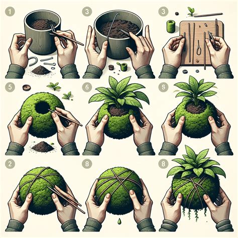 Schéma illustrant la fabrication étape par étape d'un kokedama avec de la sphaigne