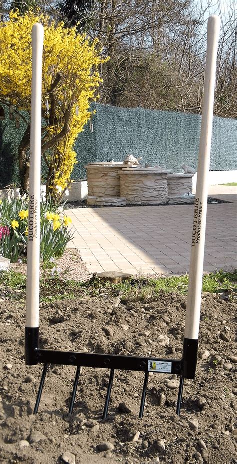 Schéma illustrant l'utilisation d'une fourche à bêcher pour déterrer une souche de dahlia sans abîmer les tubercules