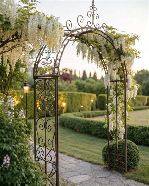 Arche de jardin ornée de clématites et de rosiers