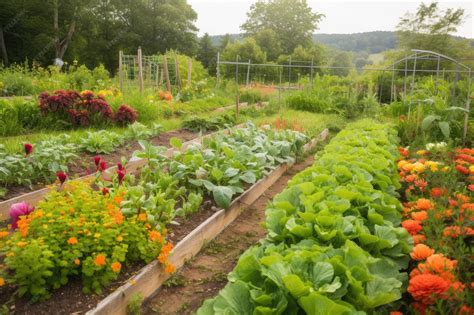 Illustration d'un jardin potager diversifié avec des fleurs et des légumes en phase de montée en graines