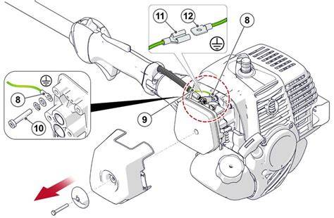 Schéma technique illustrant le point de fixation du crochet harnais sur une débroussailleuse thermique