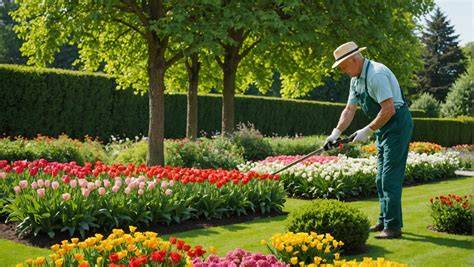 Vue d'ensemble d'un jardin entretenu avec précision, soulignant l'importance de l'équipement ergonomique