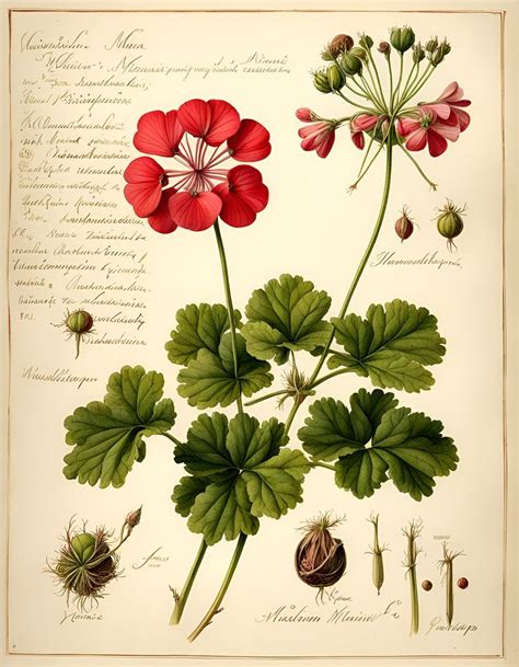 Dessin botanique détaillé du Géranium Herbe-à-Robert, incluant fleurs, feuilles et fruits
