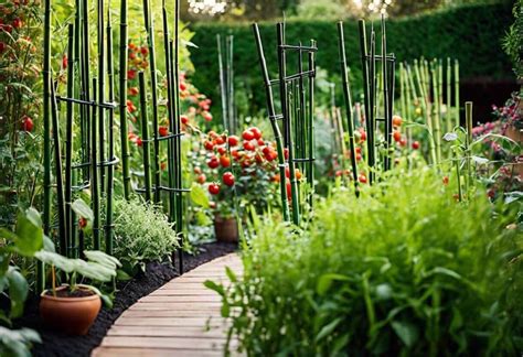 Illustration d'un jardin avec diverses plantes soutenues par des tuteurs et des liens