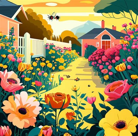 Illustration d'un jardin foisonnant de petites fleurs multicolores