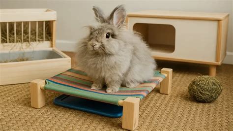 Lapin angora jouant dans un environnement sécurisé