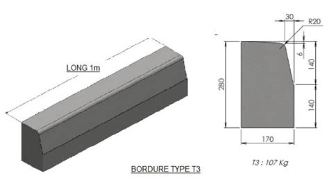 Schéma technique illustrant une coupe transversale de bordure de trottoir type P2 avec ses dimensions standard