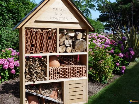 Un hôtel à insectes en bois installé dans un jardin fleuri pour favoriser la biodiversité