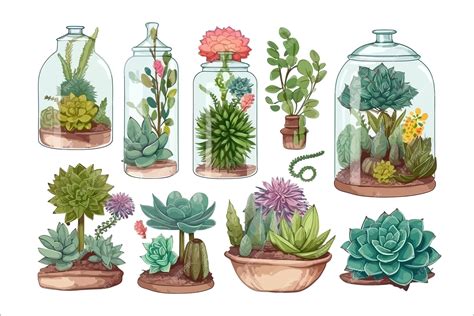 Illustration de diverses plantes succulentes présentant des formes et des couleurs variées