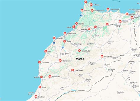 carte du Maroc avec points d'intérêt escalade, parapente, et Imider