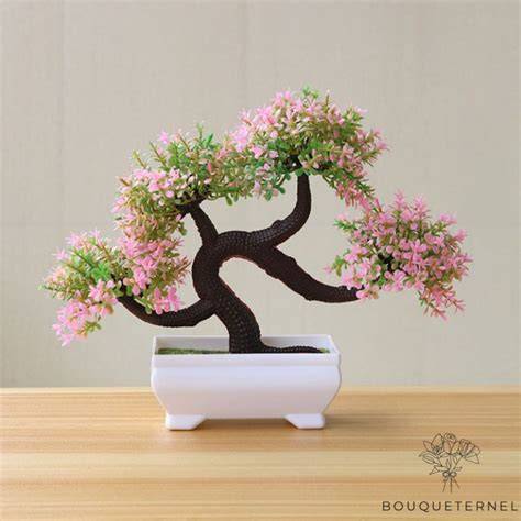Bonsaï artificiel en pot rectangulaire blanc avec fleurs