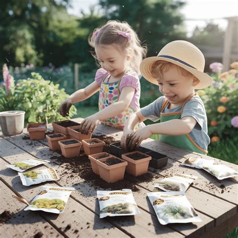 des enfants souriants en train de planter des graines dans de petits pots