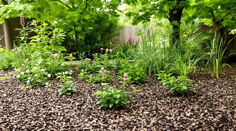 Photo montrant une allée de jardin bordée de copeaux de bois avec des massifs fleuris