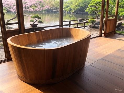 Détail d'un bain japonais (Ofuro) installé dans un espace extérieur zen