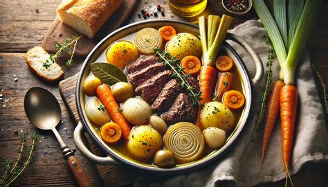 Illustration d'un pot-au-feu traditionnel servi dans une assiette creuse avec un bouillon clair et des légumes fondants.