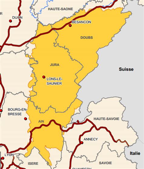 Carte géographique montrant la zone AOP du Comté dans le massif du Jura