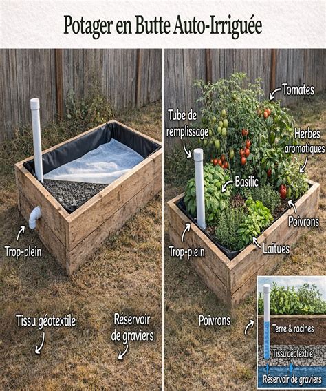 Schéma explicatif du remplissage d'un bac potager par couches : drainage, terreau et paillage