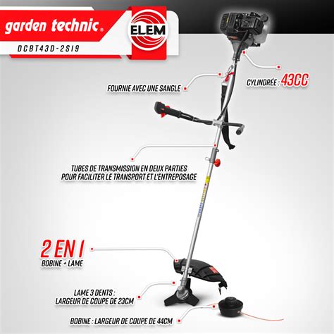 Schéma d'une débroussailleuse multi-fonctions Elem Garden Technic DCBT33 4en1 avec ses accessoires