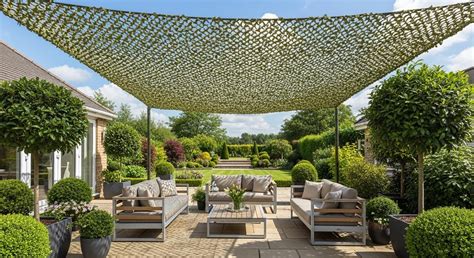 filet de camouflage vert sur une terrasse avec piscine