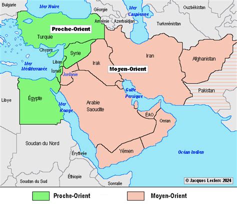Carte des régions du Proche-Orient et du Moyen-Orient