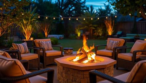 Un brasero design allumé dans un jardin contemporain au coucher du soleil
