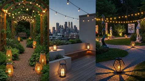 Terrasse illuminée par des guirlandes solaires et des lanternes suspendues