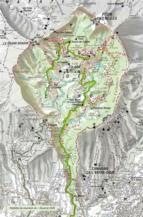 Carte touristique du cirque de Cilaos mettant en avant les points d'intérêt