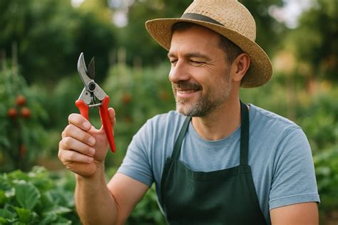 Jardinier utilisant un sécateur dans un potager bien entretenu