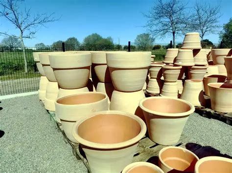 Comparaison visuelle entre des pots en béton modernes et des pots en terre cuite artisanaux