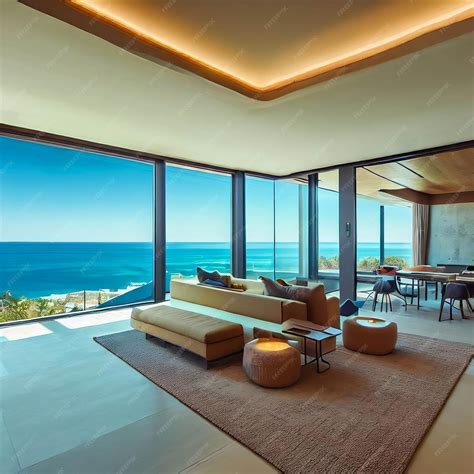 Intérieur d'une villa sur l'eau avec vue panoramique sur le détroit de Malacca et piscine privée sur la terrasse