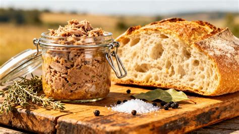 Gros plan sur la texture fondante et fibreuse des rillettes d'oie étalées sur un morceau de pain de campagne