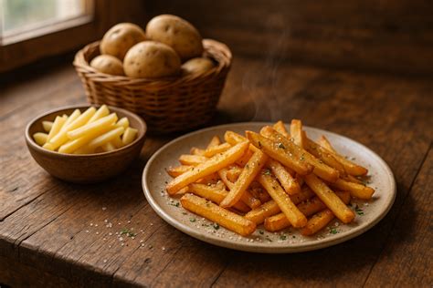 Diagramme montrant les composants d'une frite : pomme de terre, huile, sel