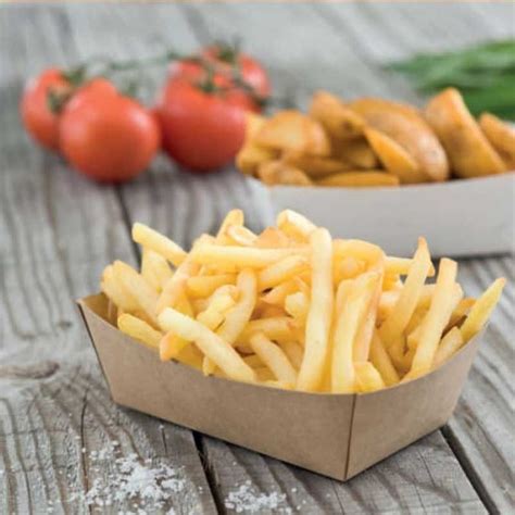 Image d'une boîte à frites en carton kraft avec un logo de certification environnementale