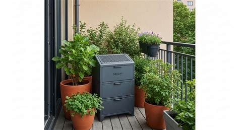 Image d'un appartement avec un petit composteur installé sur un balcon fleuri.