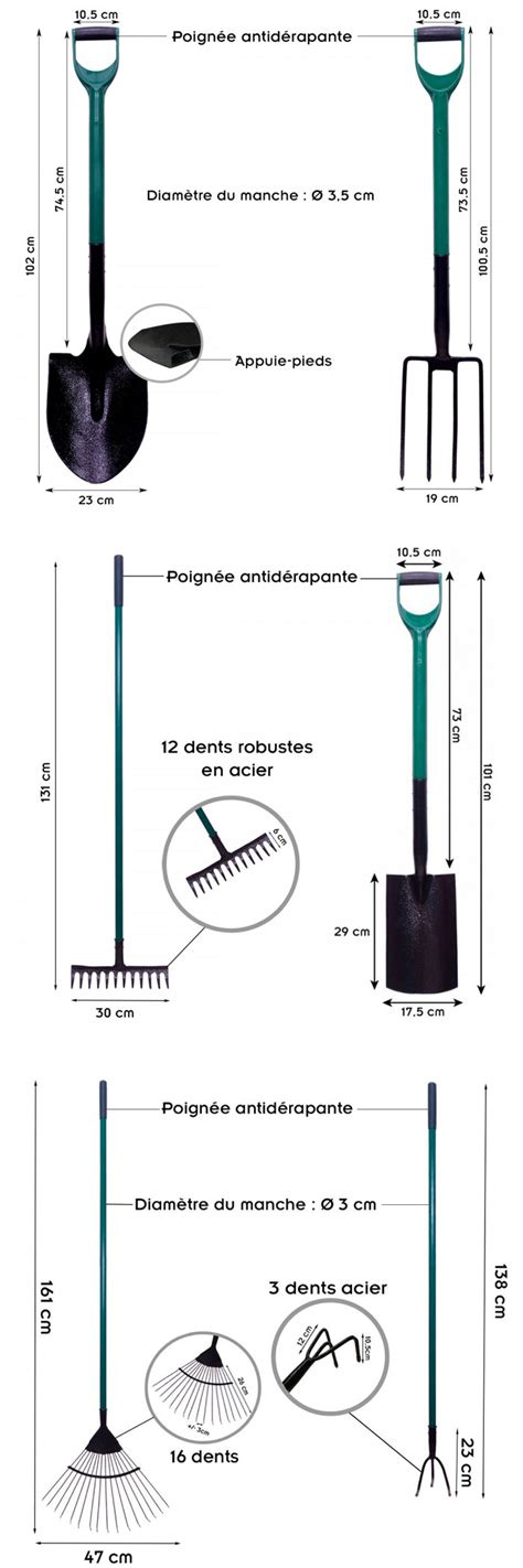 assemblage d'outils de jardinage manuels : bêche, râteau, fourche