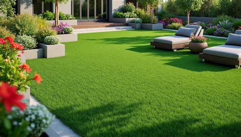 Panoramique d'un jardin avec gazon synthétique bien intégré