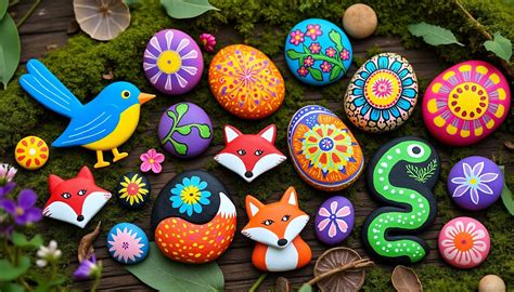 un ensemble de galets peints avec des motifs simples et colorés réalisés aux Posca