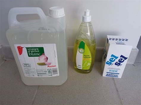 Les trois ingrédients principaux: vinaigre blanc, sel, liquide vaisselle