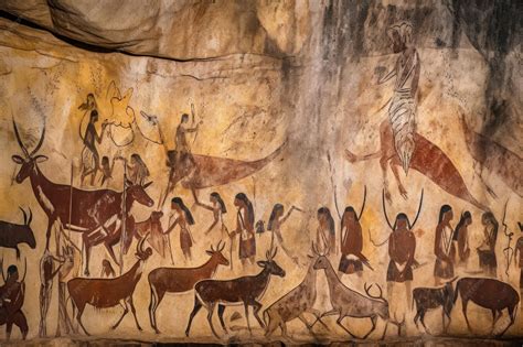 Fresque rupestre représentant des scènes de chasse