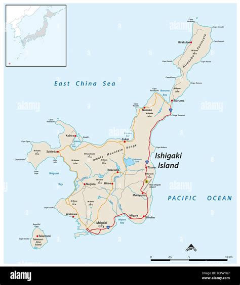 Carte de l'île d'Ishigaki avec l'emplacement de l'Hôtel Le Lotus Bleu et des attractions clés
