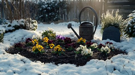 Cimetière enneigé avec des fleurs résistantes