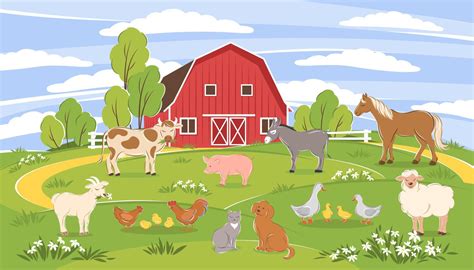 Illustration d'une ferme idyllique avec des cultures luxuriantes et des animaux joyeux