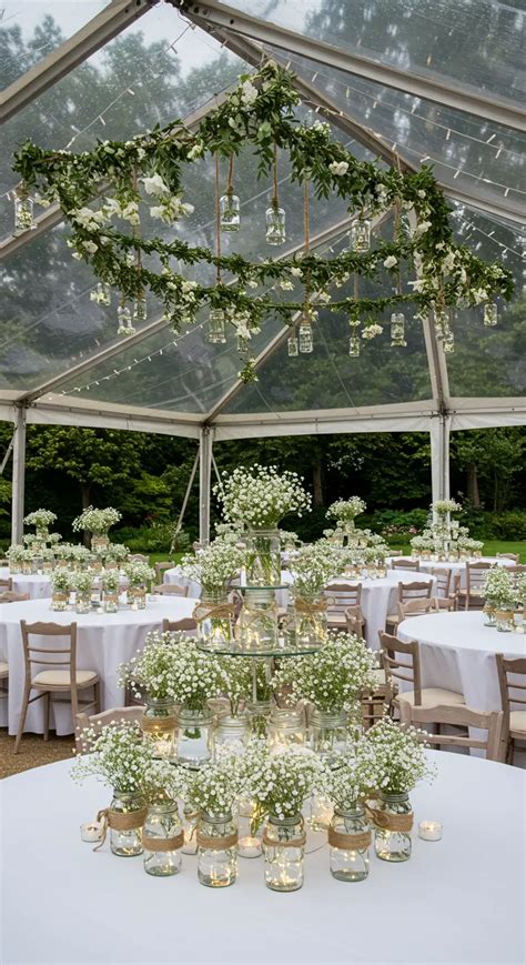 nuages de gypsophile suspendus au-dessus d'une table de réception
