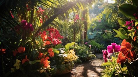 Photo d'un jardin tropical luxuriant avec des hibiscus en fleurs