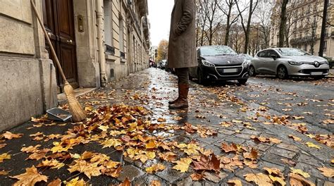 Image d'un jardinier balayant des feuilles mortes sur un trottoir