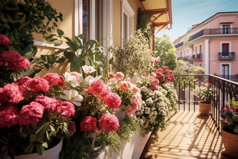 Balcon fleuri de géraniums colorés