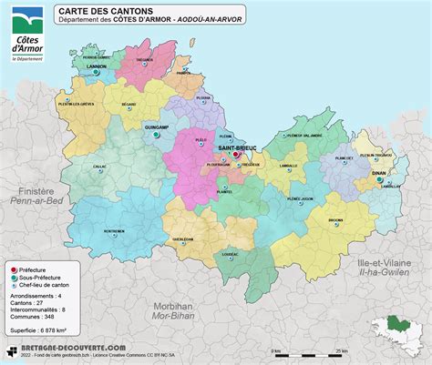 Carte des Côtes-d'Armor montrant les zones de service de livraison de matériaux