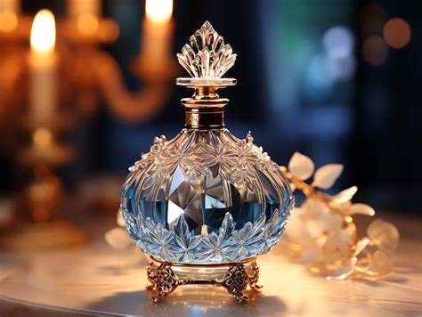 une bouteille de parfum élégante posée sur une coiffeuse en bois clair, baignée dans une lumière douce et naturelle